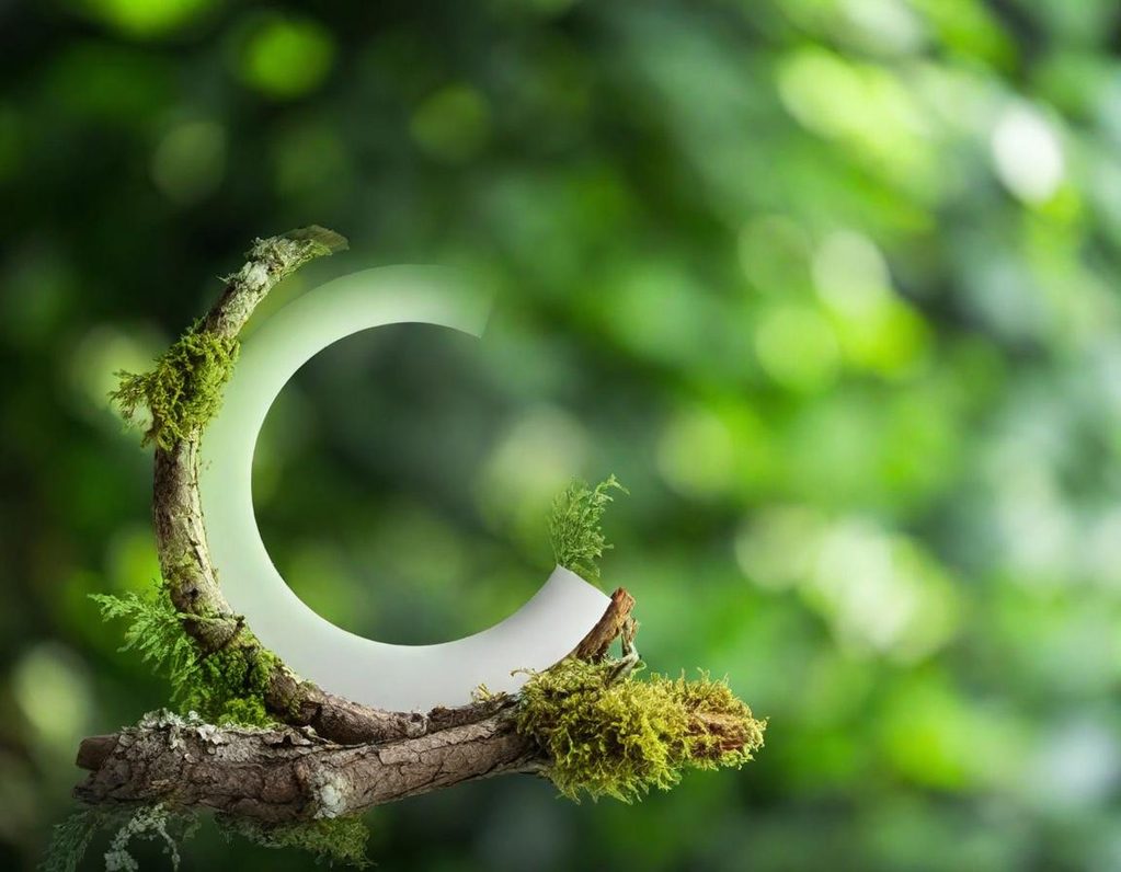 Lettre "C" stylisée sur une branche entourée de mousse et de verdure.