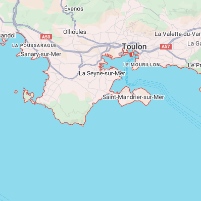 Carte montrant la côte de Toulon et les communes environnantes.