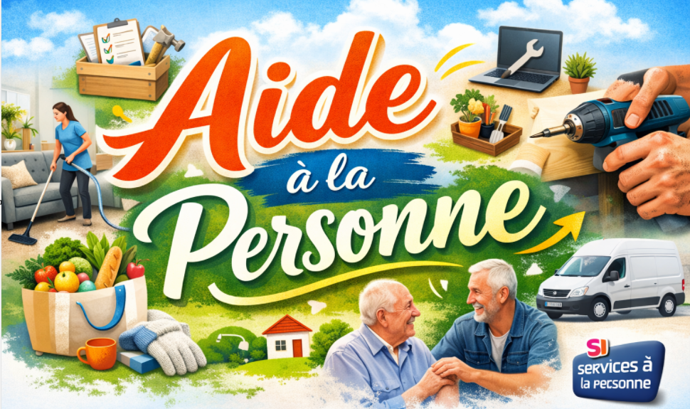 Visuels de services d’aide, montrant une équipe aidant des personnes âgées avec divers outils.