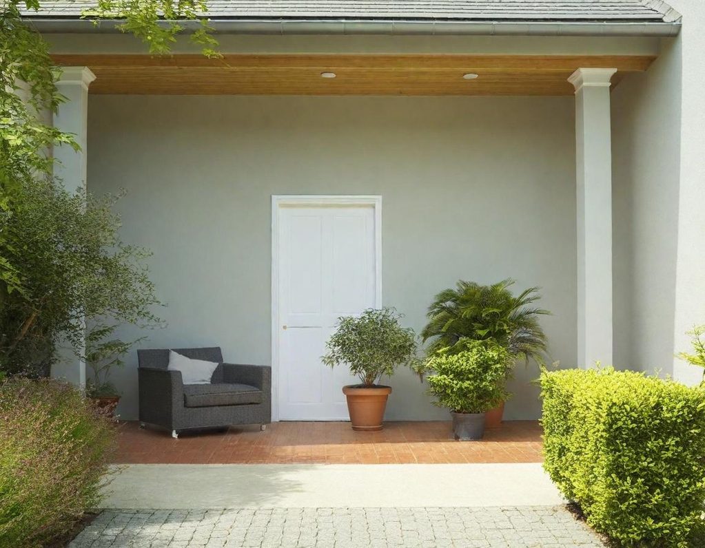 Entrée d'une maison avec un canapé, des pots de plantes et des colonnes blanches a toulon