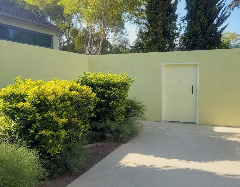 Un mur jaune avec une porte et des buissons verdoyants à proximité.